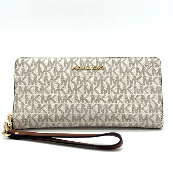 Michael Kors Large Continental Wallet Wristlet Vanilla/Brown - Picture 1 of 9